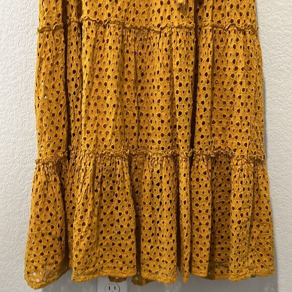 ANTHROPOLOGIE x FRYE Nuri Eyelet Dress Sleeveless Faux Wrap Mustard, Size S - Picture 4 of 11